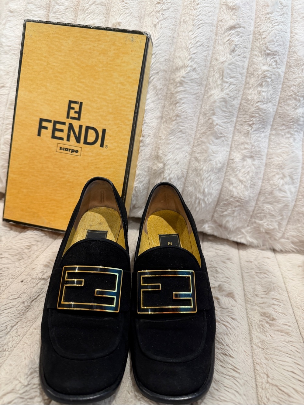 Fendi Women’s Black Suede Loafers with Gold Accent